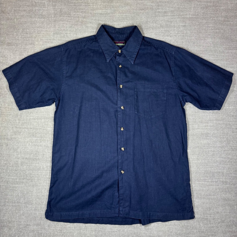 Vintage Galyans Mens Large Navy Blue Linen Cotton Short Sleeve Button Up Shirt